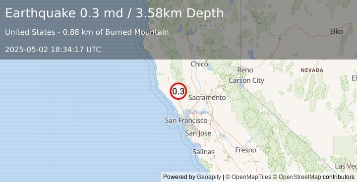 Earthquake 2 km  of The Geysers, CA (0.3 md) (2025-05-02 18:34:17 UTC)