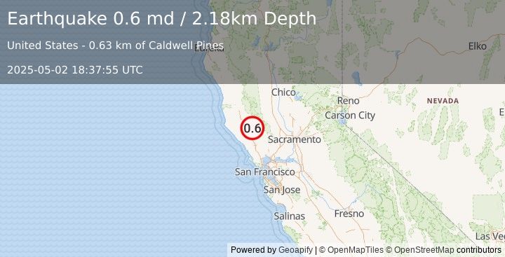 Earthquake 8 km WNW of Cobb, CA (0.6 md) (2025-05-02 18:37:55 UTC)