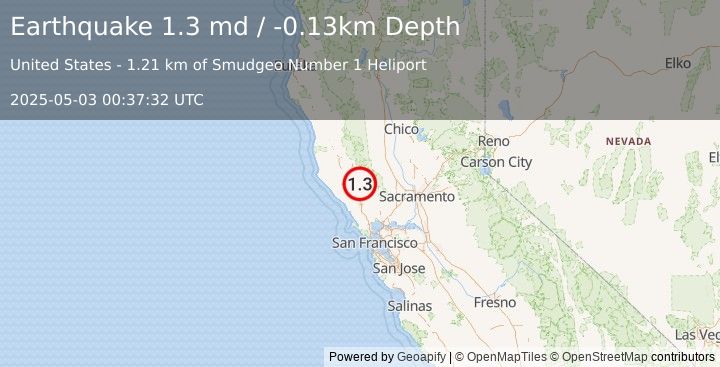 Earthquake 2 km NNE of The Geysers, CA (1.3 md) (2025-05-03 00:37:32 UTC)