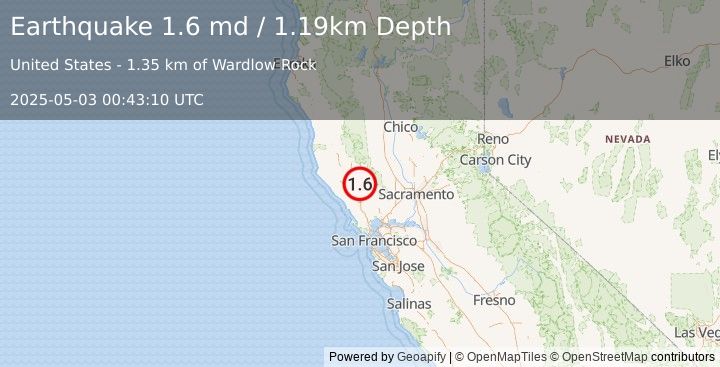 Earthquake 3 km SSE of The Geysers, CA (1.6 md) (2025-05-03 00:43:10 UTC)