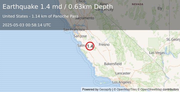 Earthquake 15 km NE of Pinnacles, CA (1.4 md) (2025-05-03 00:58:14 UTC)