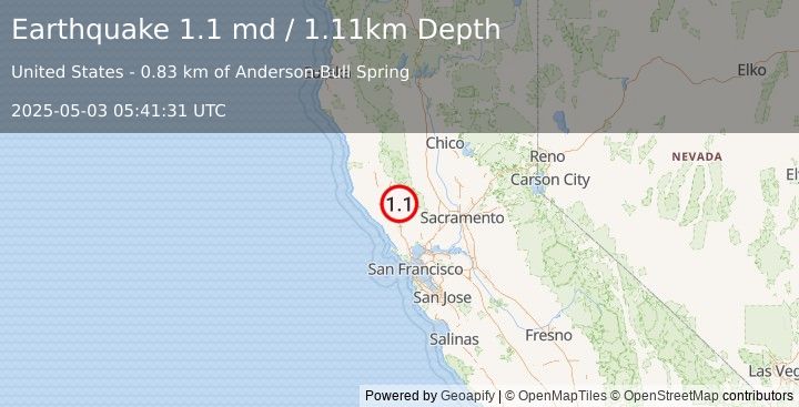 Earthquake 2 km NE of The Geysers, CA (1.1 md) (2025-05-03 05:41:31 UTC)