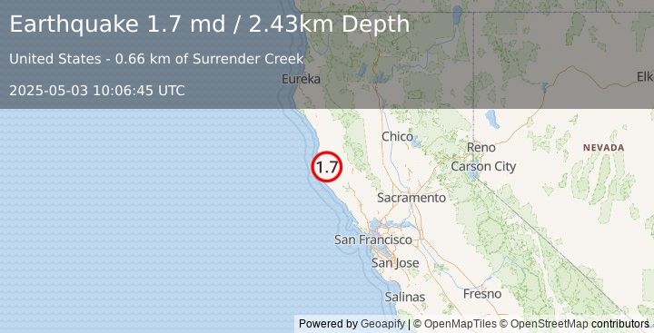 Earthquake 20 km ESE of Navarro Head, CA (1.7 md) (2025-05-03 10:06:45 UTC)