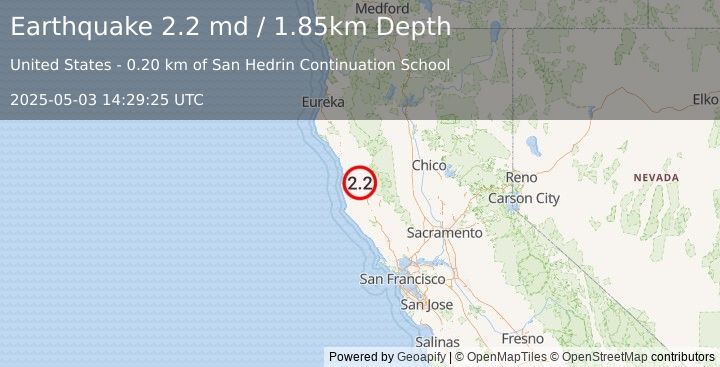 Earthquake 0 km  of Willits, CA (2.2 md) (2025-05-03 14:29:25 UTC)