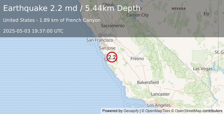 Earthquake 3 km SW of San Juan Bautista, CA (2.2 md) (2025-05-03 19:37:00 UTC)