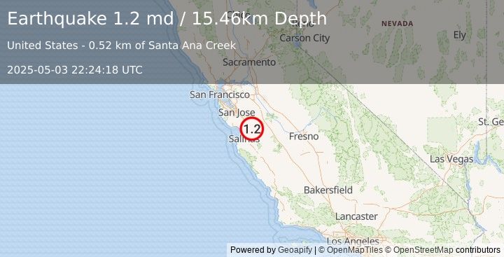 Earthquake 9 km N of Hollister, CA (1.2 md) (2025-05-03 22:24:18 UTC)