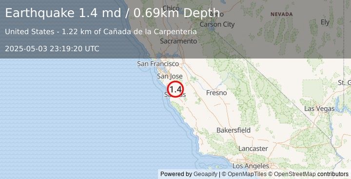 Earthquake 5 km S of Aromas, CA (1.4 md) (2025-05-03 23:19:20 UTC)