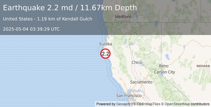 Earthquake 13 km SSE of Petrolia, CA (2.2 md) (2025-05-04 03:39:29 UTC)