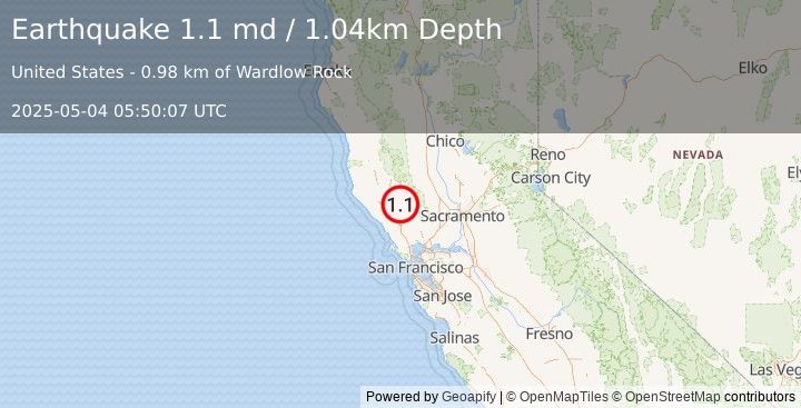 Earthquake 3 km WSW of Anderson Springs, CA (1.1 md) (2025-05-04 05:50:07 UTC)