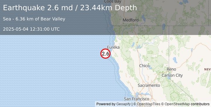 Earthquake 41 km WNW of Petrolia, CA (2.6 md) (2025-05-04 12:31:00 UTC)