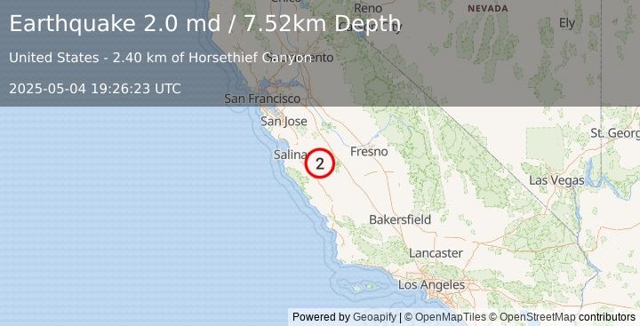 Earthquake 13 km ESE of Pinnacles, CA (2.0 md) (2025-05-04 19:26:23 UTC)