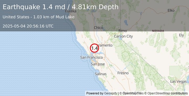 Earthquake 15 km NE of Napa, CA (1.4 md) (2025-05-04 20:56:16 UTC)