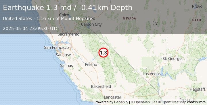 Earthquake 17 km WSW of Toms Place, CA (1.3 md) (2025-05-04 23:09:30 UTC)