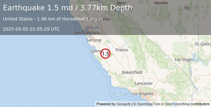 Earthquake 12 km ESE of Pinnacles, CA (1.5 md) (2025-05-05 01:05:29 UTC)