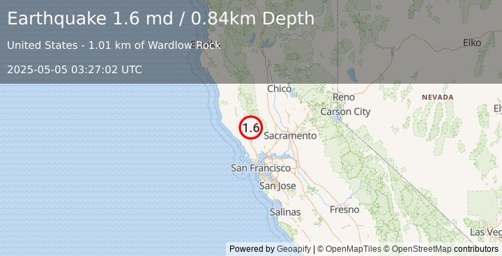 Earthquake 3 km SE of The Geysers, CA (1.6 md) (2025-05-05 03:27:02 UTC)