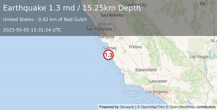 Earthquake 15 km SE of Point Sur, CA (1.3 md) (2025-05-05 11:31:24 UTC)