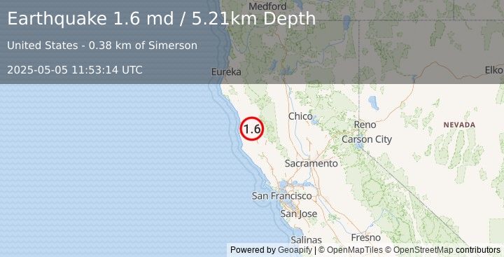 Earthquake 2 km N of Willits, CA (1.6 md) (2025-05-05 11:53:14 UTC)