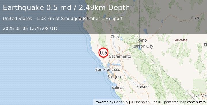 Earthquake 2 km  of The Geysers, CA (0.5 md) (2025-05-05 12:47:08 UTC)