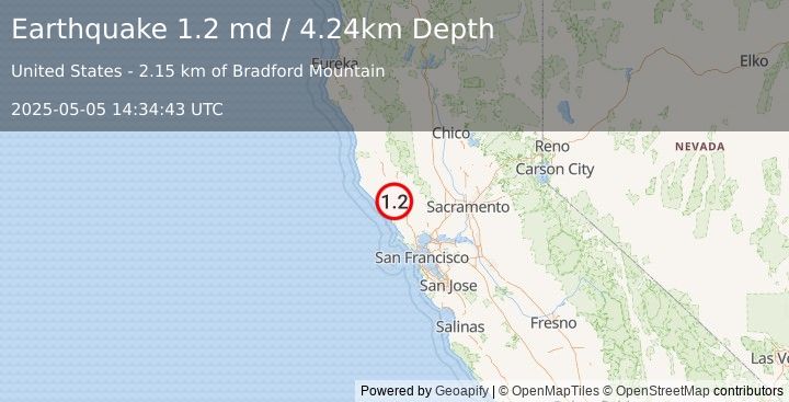 Earthquake 11 km NW of Healdsburg, CA (1.2 md) (2025-05-05 14:34:43 UTC)