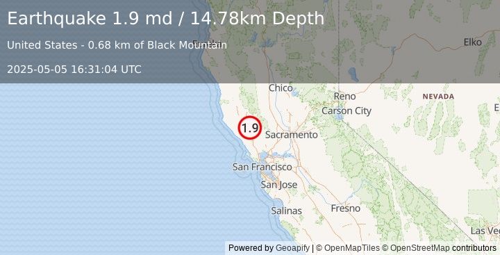 Earthquake 5 km WSW of The Geysers, CA (1.9 md) (2025-05-05 16:31:04 UTC)