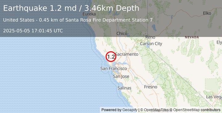 Earthquake 7 km NW of Kenwood, CA (1.2 md) (2025-05-05 17:01:45 UTC)