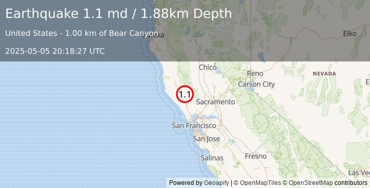 Earthquake 8 km WNW of Cobb, CA (1.1 md) (2025-05-05 20:18:27 UTC)