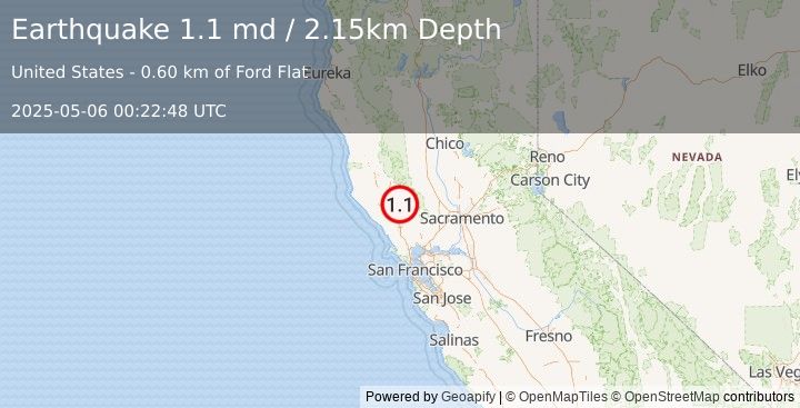 Earthquake 3 km SSW of Cobb, CA (1.1 md) (2025-05-06 00:22:48 UTC)