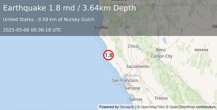 Earthquake 12 km E of Navarro Head, CA (1.8 md) (2025-05-06 00:36:18 UTC)