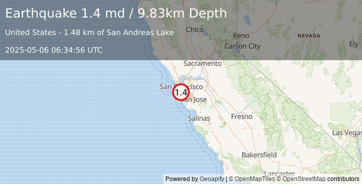 Earthquake 5 km W of Millbrae, CA (1.4 md) (2025-05-06 06:34:56 UTC)