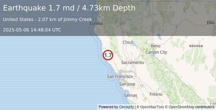Earthquake 6 km ESE of Boonville, CA (1.7 md) (2025-05-06 14:48:04 UTC)