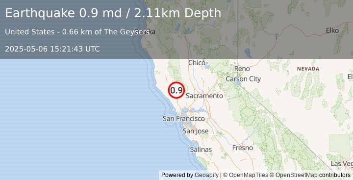 Earthquake 1 km ESE of The Geysers, CA (0.9 md) (2025-05-06 15:21:43 UTC)