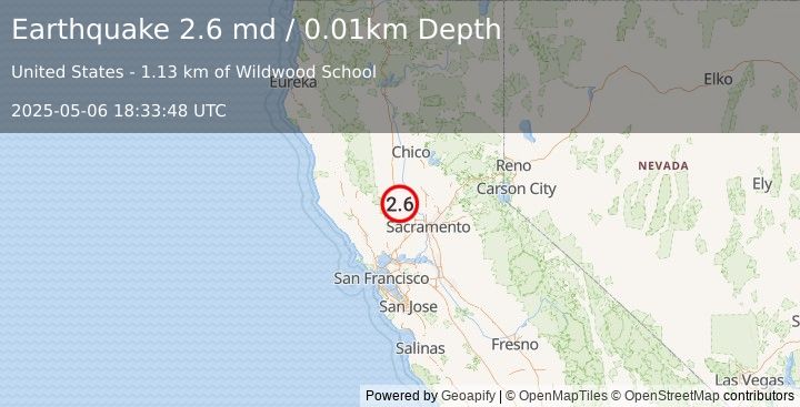 Earthquake 9 km NW of Dunnigan, CA (2.6 md) (2025-05-06 18:33:48 UTC)