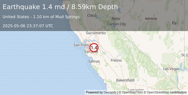 Earthquake 14 km SE of Livermore, CA (1.4 md) (2025-05-06 23:37:07 UTC)