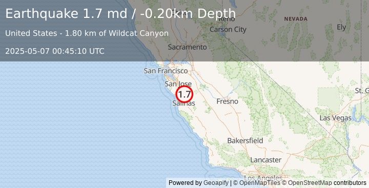 Earthquake 5 km WSW of Gilroy, CA (1.7 md) (2025-05-07 00:45:10 UTC)
