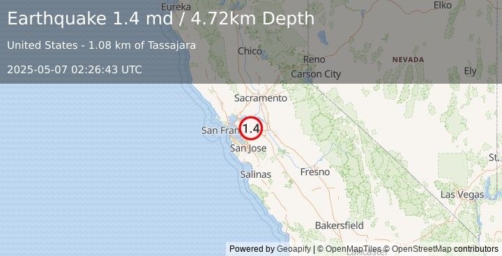 Earthquake 9 km E of Blackhawk, CA (1.4 md) (2025-05-07 02:26:43 UTC)