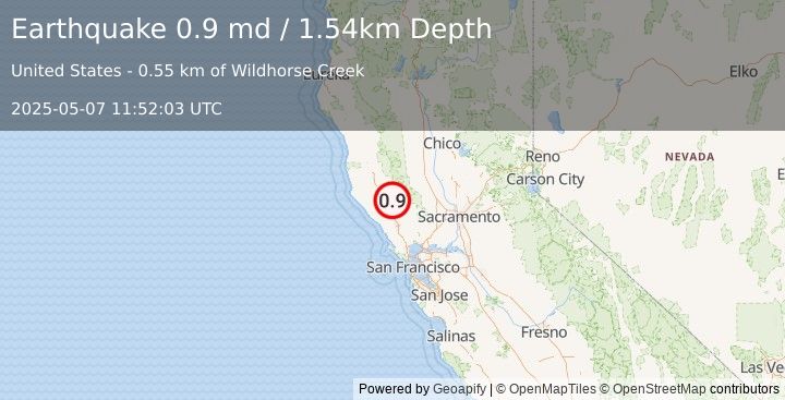Earthquake 10 km NW of The Geysers, CA (0.9 md) (2025-05-07 11:52:03 UTC)