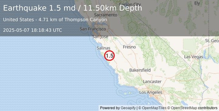 Earthquake 8 km WNW of King City, CA (1.5 md) (2025-05-07 18:18:43 UTC)