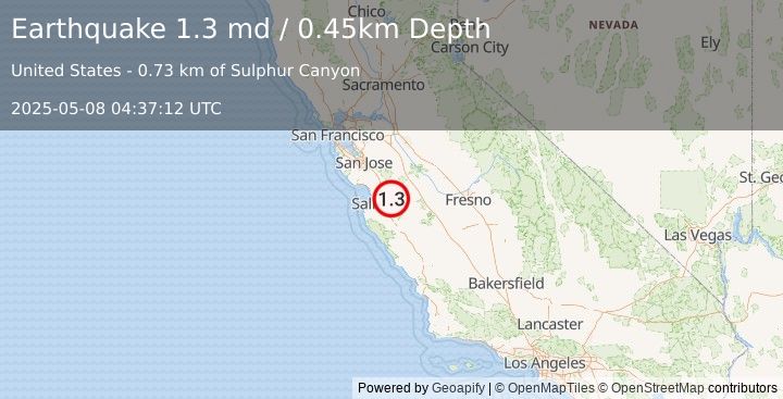 Earthquake 6 km SSW of Tres Pinos, CA (1.3 md) (2025-05-08 04:37:12 UTC)