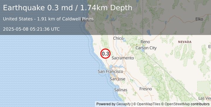 Earthquake 6 km WNW of Cobb, CA (0.3 md) (2025-05-08 05:21:36 UTC)