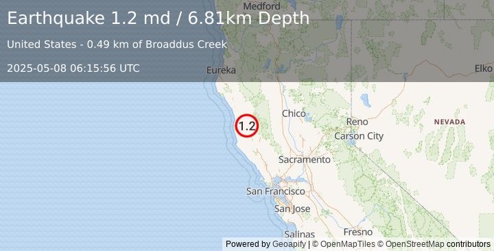 Earthquake 2 km NE of Willits, CA (1.2 md) (2025-05-08 06:15:56 UTC)
