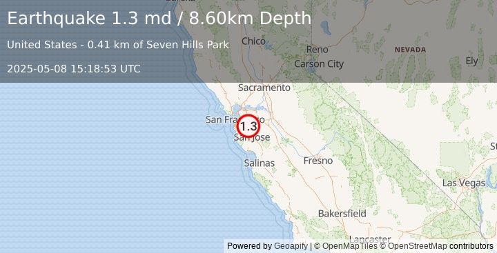 Earthquake 2 km E of Union City, CA (1.3 md) (2025-05-08 15:18:53 UTC)