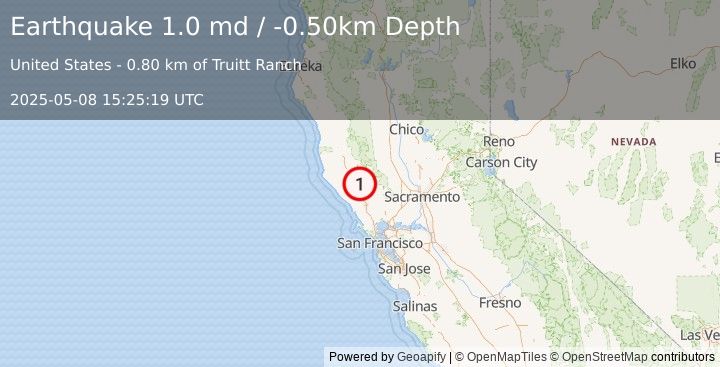 Earthquake 10 km WNW of The Geysers, CA (1.0 md) (2025-05-08 15:25:19 UTC)