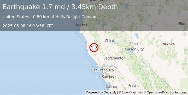 Earthquake 6 km E of Redwood Valley, CA (1.7 md) (2025-05-08 16:13:56 UTC)