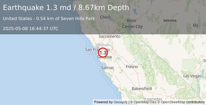 Earthquake 2 km E of Union City, CA (1.3 md) (2025-05-08 16:44:37 UTC)