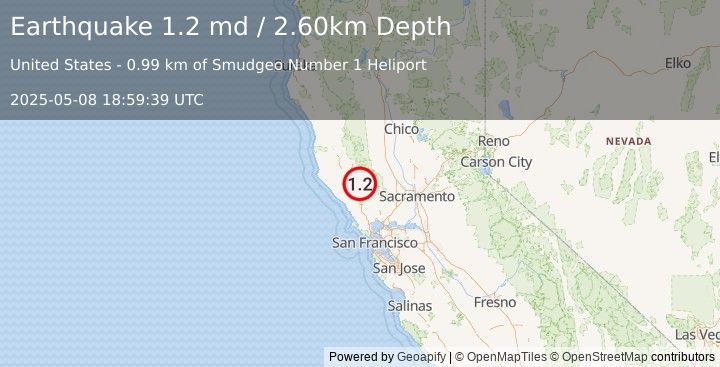 Earthquake 2 km NNE of The Geysers, CA (1.2 md) (2025-05-08 18:59:39 UTC)