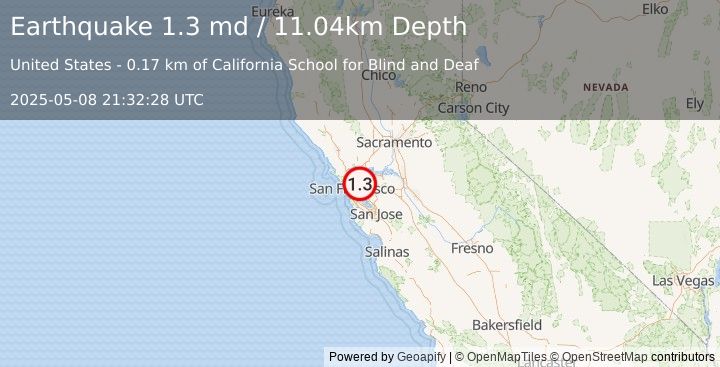 Earthquake 2 km SE of Berkeley, CA (1.3 md) (2025-05-08 21:32:28 UTC)