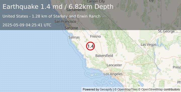 Earthquake 10 km NW of Avenal, CA (1.4 md) (2025-05-09 04:25:41 UTC)