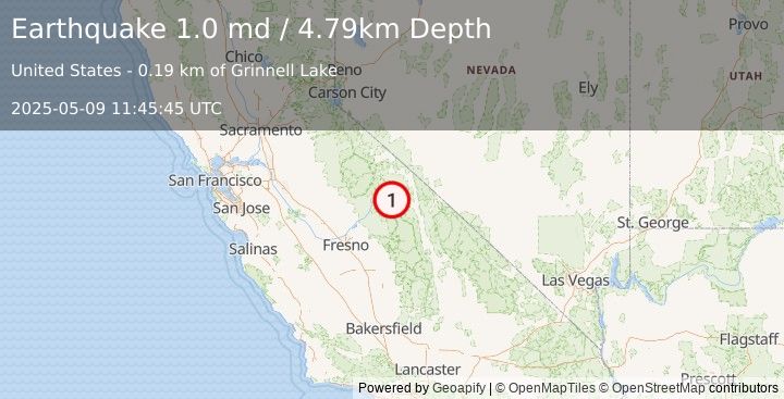 Earthquake 19 km WSW of Toms Place, CA (1.0 md) (2025-05-09 11:45:45 UTC)