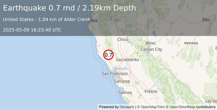 Earthquake 13 km NW of The Geysers, CA (0.7 md) (2025-05-09 16:23:40 UTC)