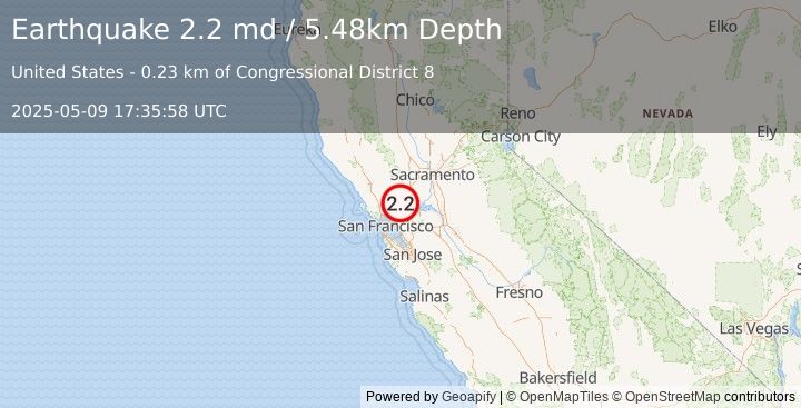 Earthquake 8 km NNE of Benicia, CA (2.2 md) (2025-05-09 17:35:58 UTC)